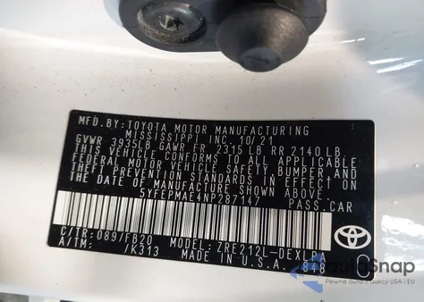 2022 Toyota Corolla Le z USA, uszkodzony, nr VIN 5YFEPMAE4NP287147